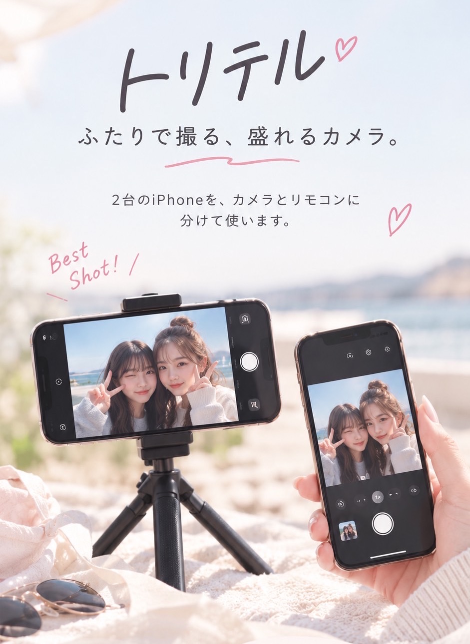 トリテル ふたりで撮る、盛れるカメラ。三脚に置いたiPhoneの映像を、手元のiPhoneで見ながら撮影している様子
